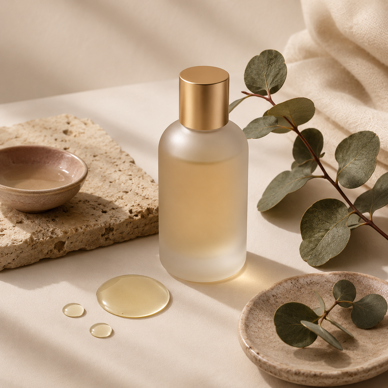 Sage Calm bottle and lit candle with eucalyptus on a wooden tray